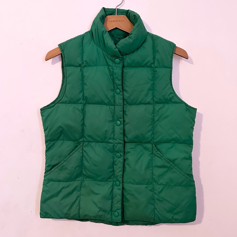 Lands' End Small Vest Green Down Feather Snap Sleeveless Puffer Jacket Womens S